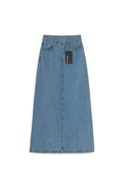 Uzun Çan Denim Etek Açık Mavi