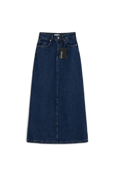 Uzun Çan Denim Etek Mavi