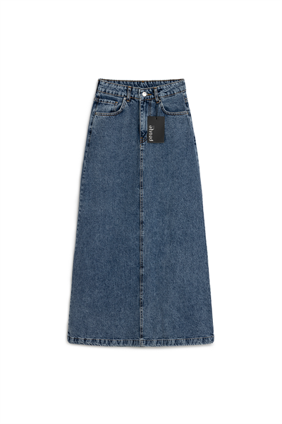 Uzun Çan Denim Etek Mavi Kar Yıkama