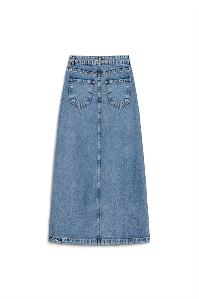 Uzun Çan Denim Etek Mavi Kar Yıkama