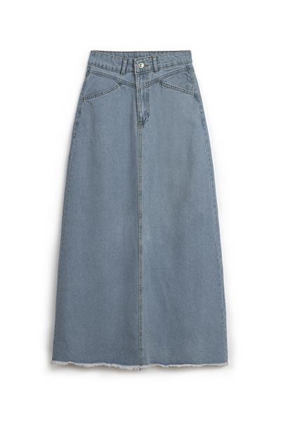 Uzun Püsküllü Denim Etek Açık Mavi