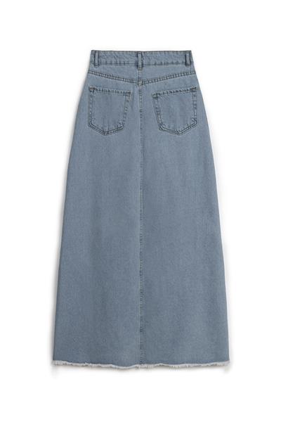 Uzun Püsküllü Denim Etek Açık Mavi