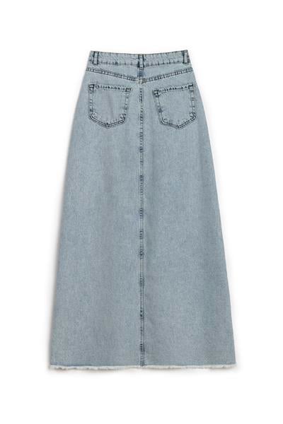Uzun Püsküllü Denim Etek Buz Mavi