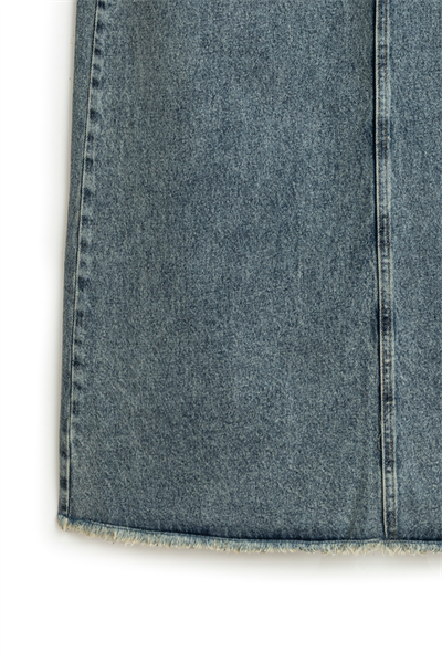 Uzun Püsküllü Denim Etek Eskitme Kot