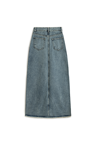 Uzun Püsküllü Denim Etek Eskitme Kot