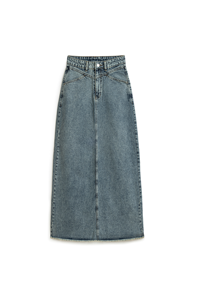 Uzun Püsküllü Denim Etek Eskitme Kot