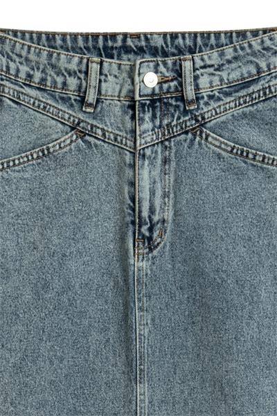 Uzun Püsküllü Denim Etek Eskitme Kot