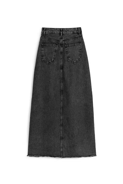 Uzun Püsküllü Denim Etek Füme
