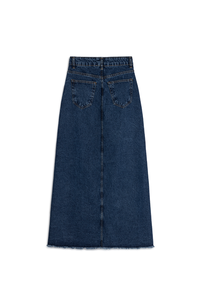 Uzun Püsküllü Denim Etek Koyu Mavi