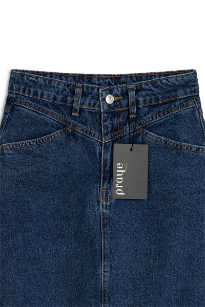 Uzun Püsküllü Denim Etek Koyu Mavi