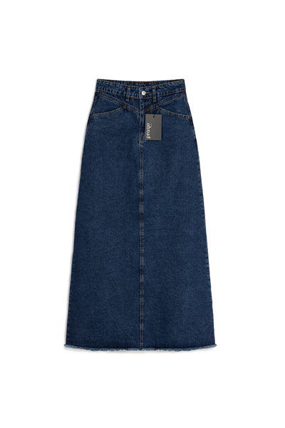 Uzun Püsküllü Denim Etek Koyu Mavi