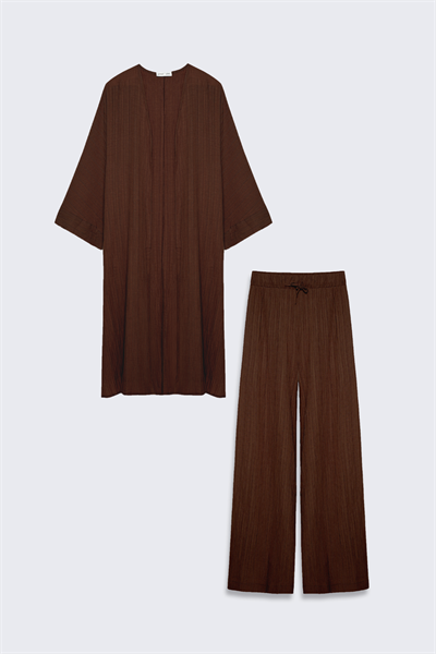 Yanı Yırtmaçlı Uzun Kimono Takım Kahverengi