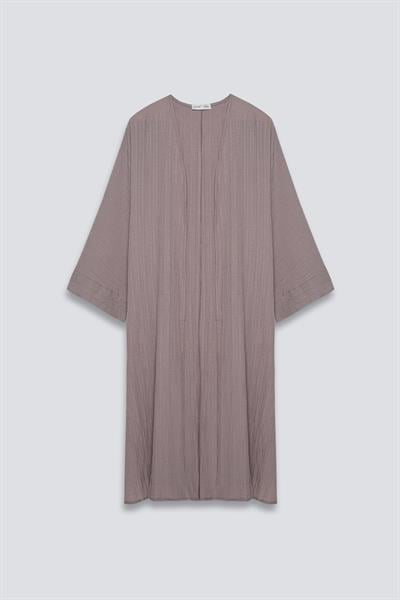 Yanı Yırtmaçlı Uzun Kimono Takım Vizon