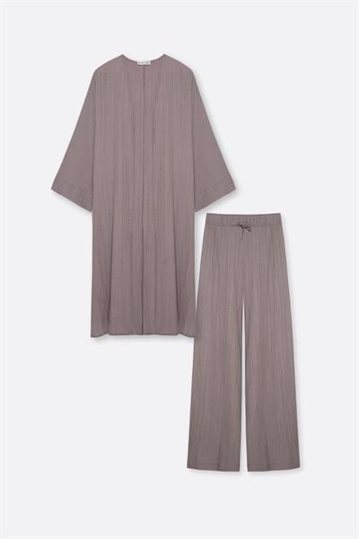 Yanı Yırtmaçlı Uzun Kimono Takım Vizon