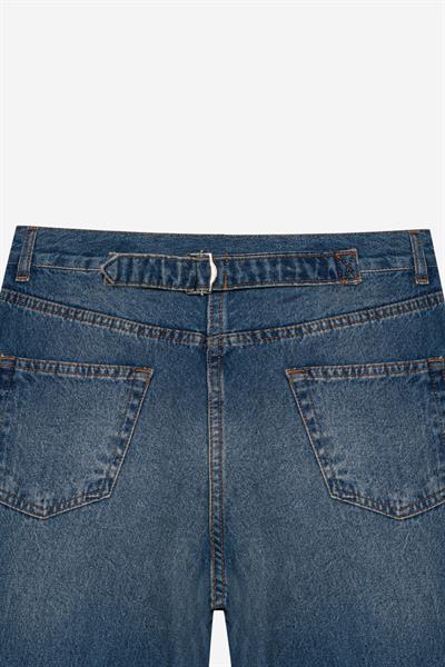 Yüksek Bel Baggy Jean Mavi Eskitme