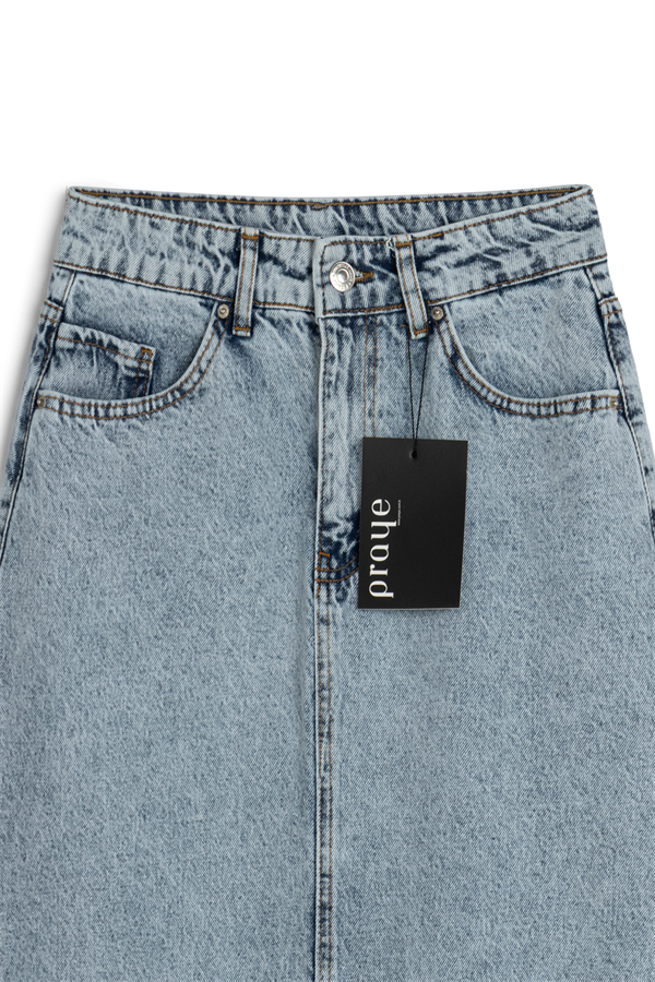 Uzun Çan Denim Etek Buz Mavi