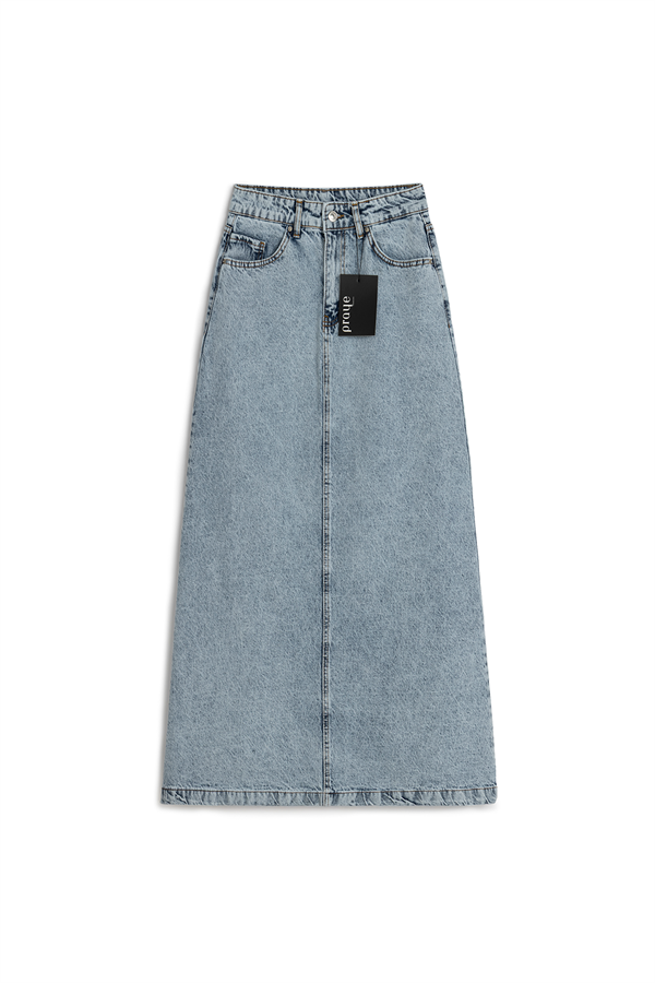 Uzun Çan Denim Etek Buz Mavi