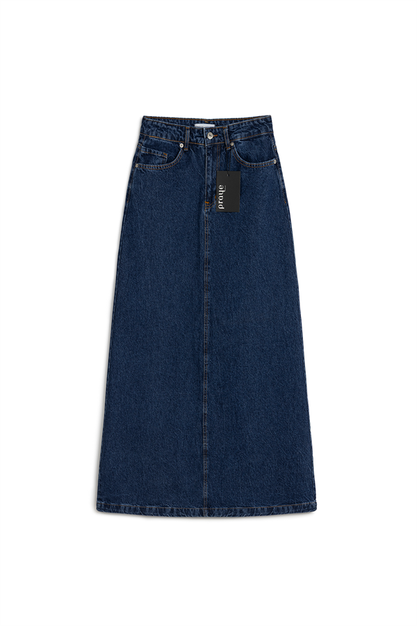 Uzun Çan Denim Etek Mavi
