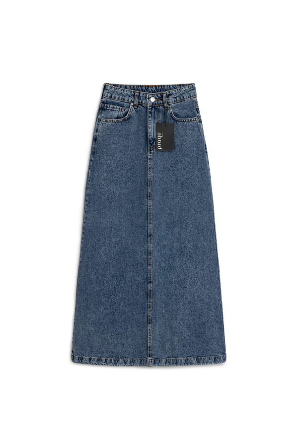 Uzun Çan Denim Etek Mavi Kar Yıkama