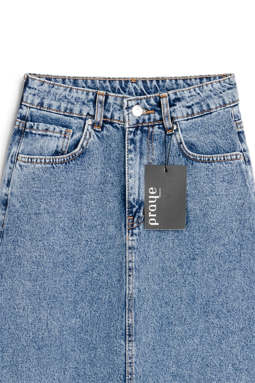Uzun Çan Denim Etek Mavi Kar Yıkama