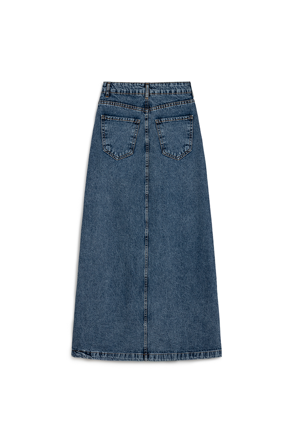 Uzun Çan Denim Etek Mavi Kar Yıkama