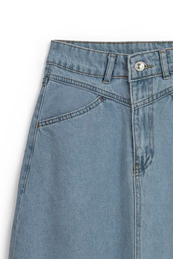 Uzun Püsküllü Denim Etek Açık Mavi