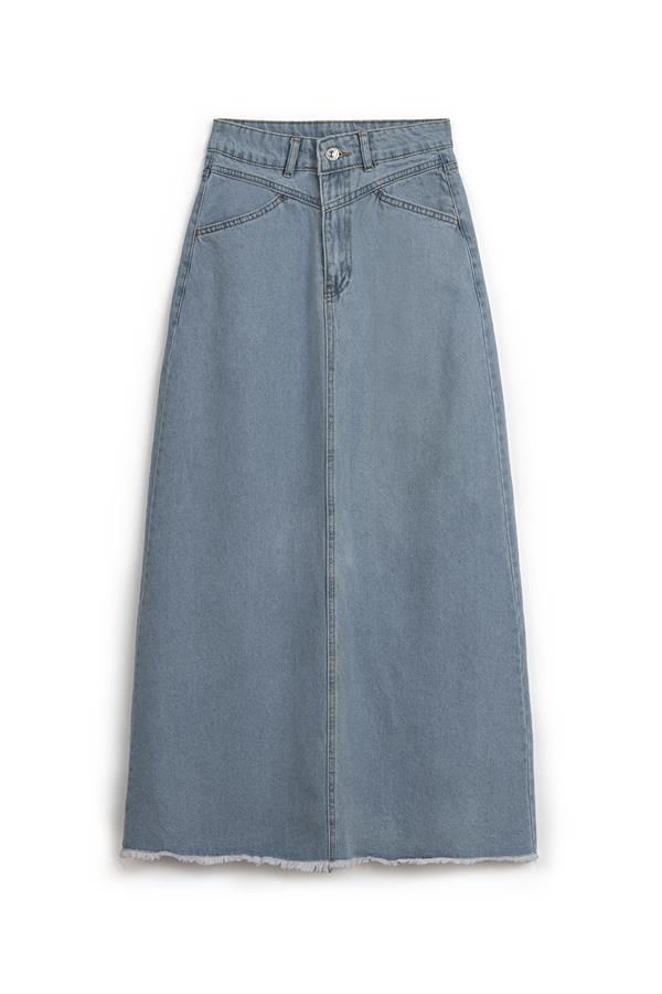 Uzun Püsküllü Denim Etek Açık Mavi