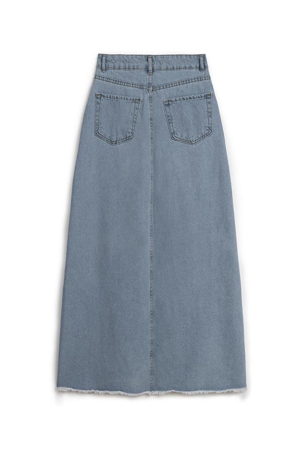 Uzun Püsküllü Denim Etek Açık Mavi