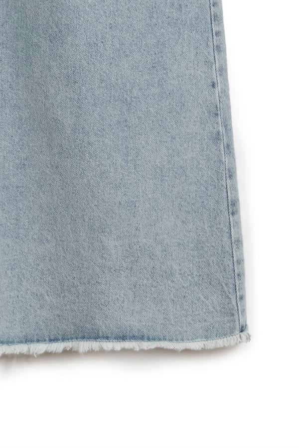 Uzun Püsküllü Denim Etek Buz Mavi