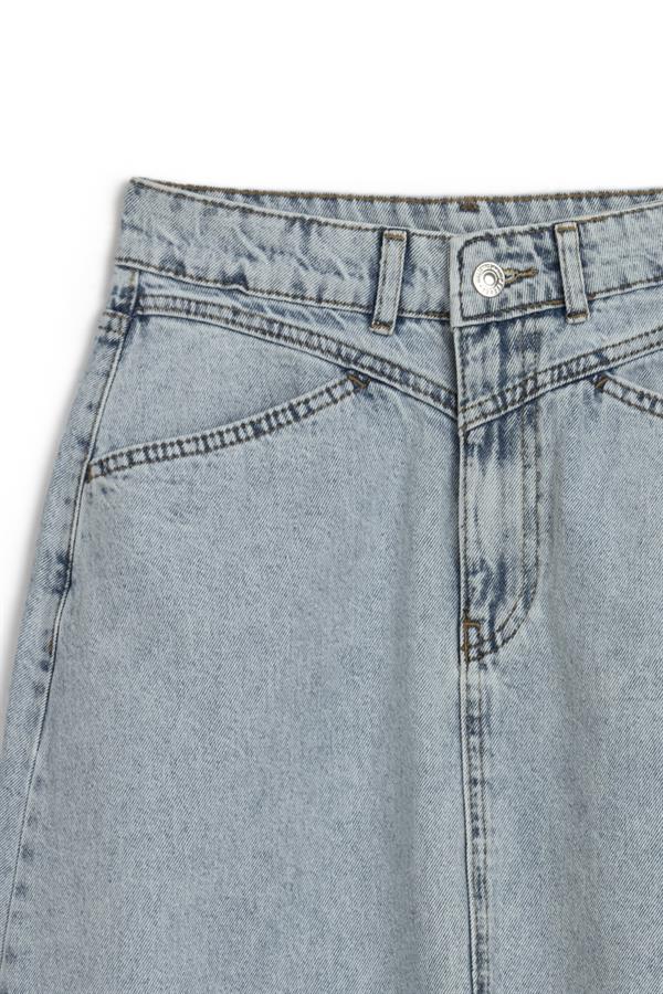 Uzun Püsküllü Denim Etek Buz Mavi