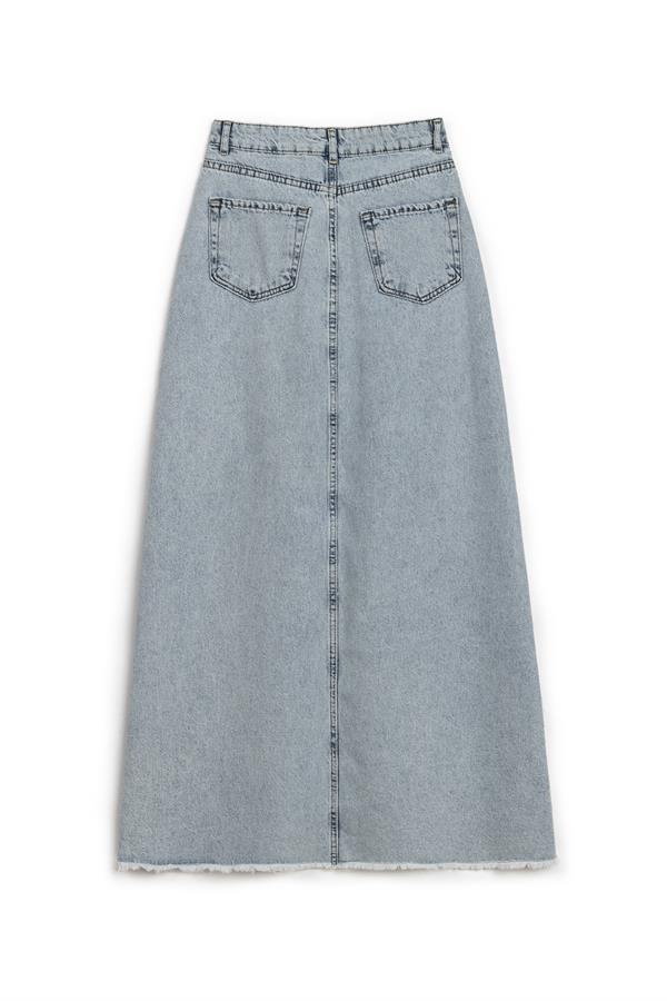 Uzun Püsküllü Denim Etek Buz Mavi