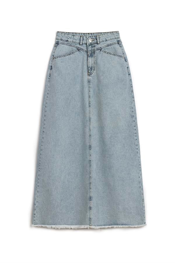 Uzun Püsküllü Denim Etek Buz Mavi