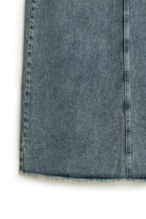 Uzun Püsküllü Denim Etek Eskitme Kot