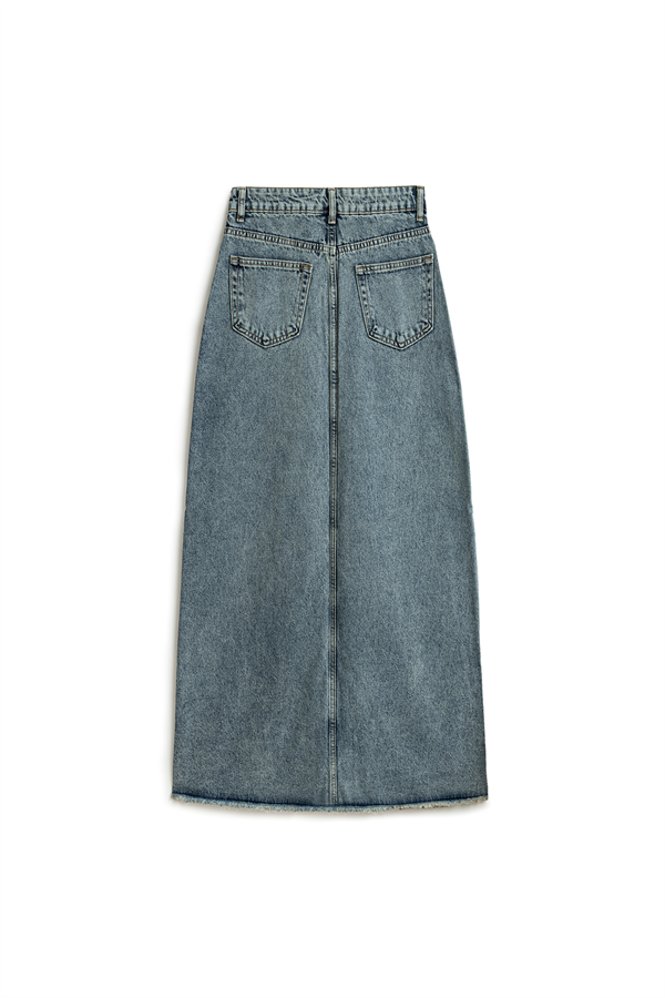 Uzun Püsküllü Denim Etek Eskitme Kot