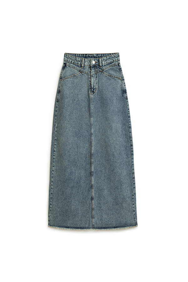 Uzun Püsküllü Denim Etek Eskitme Kot