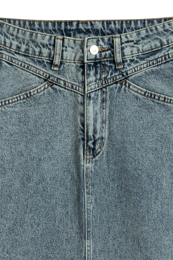 Uzun Püsküllü Denim Etek Eskitme Kot