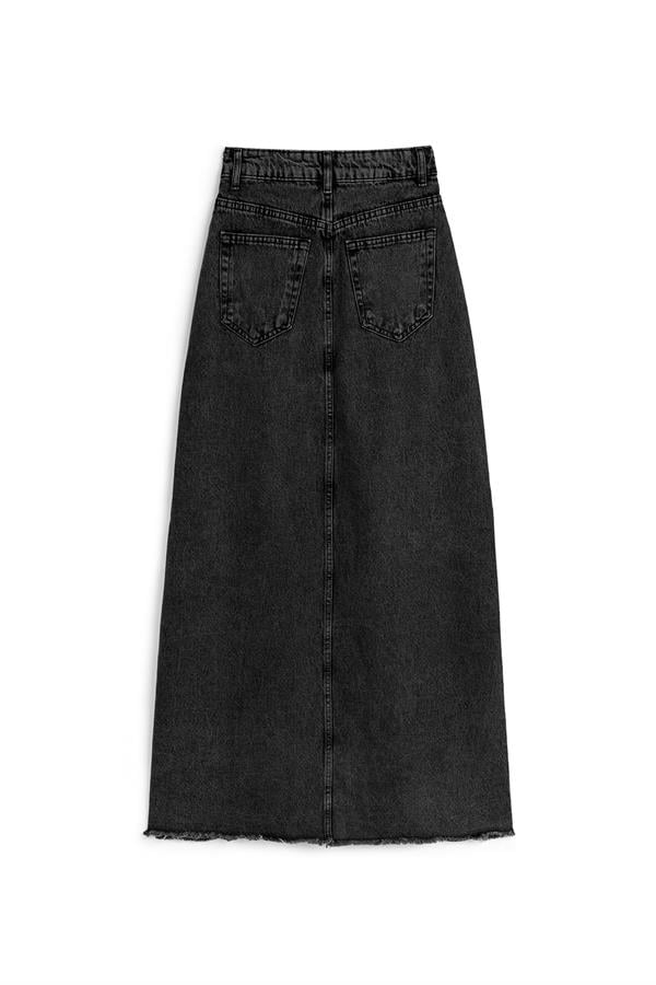 Uzun Püsküllü Denim Etek Koyu Füme
