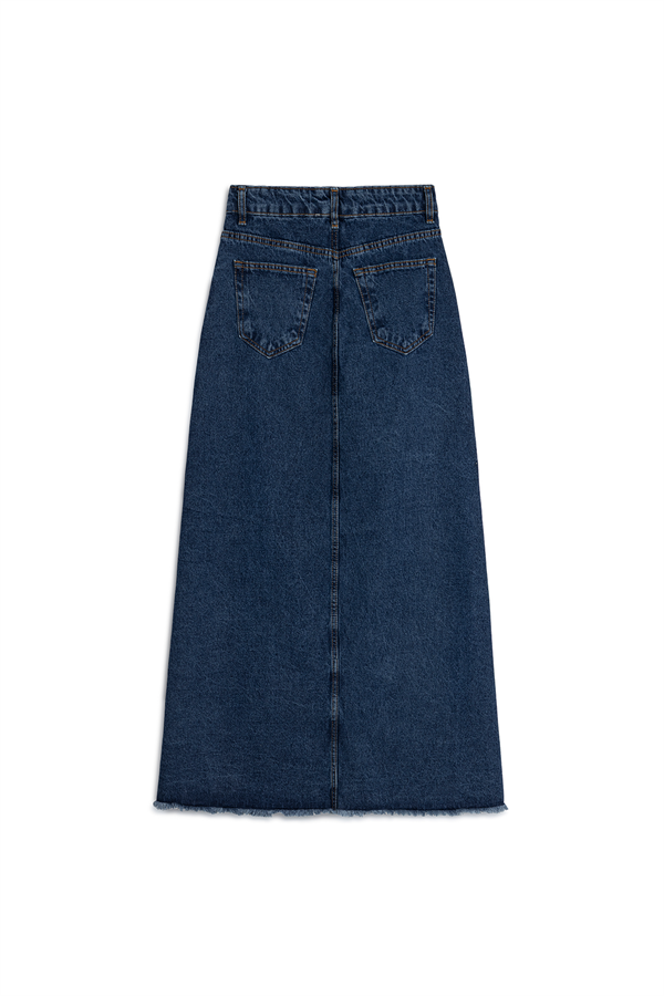 Uzun Püsküllü Denim Etek Koyu Mavi