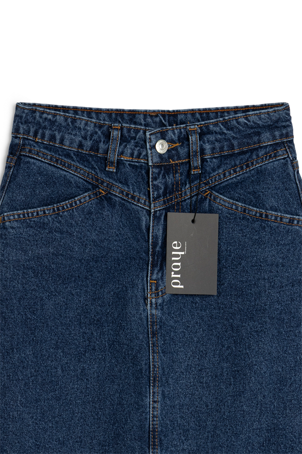Uzun Püsküllü Denim Etek Koyu Mavi