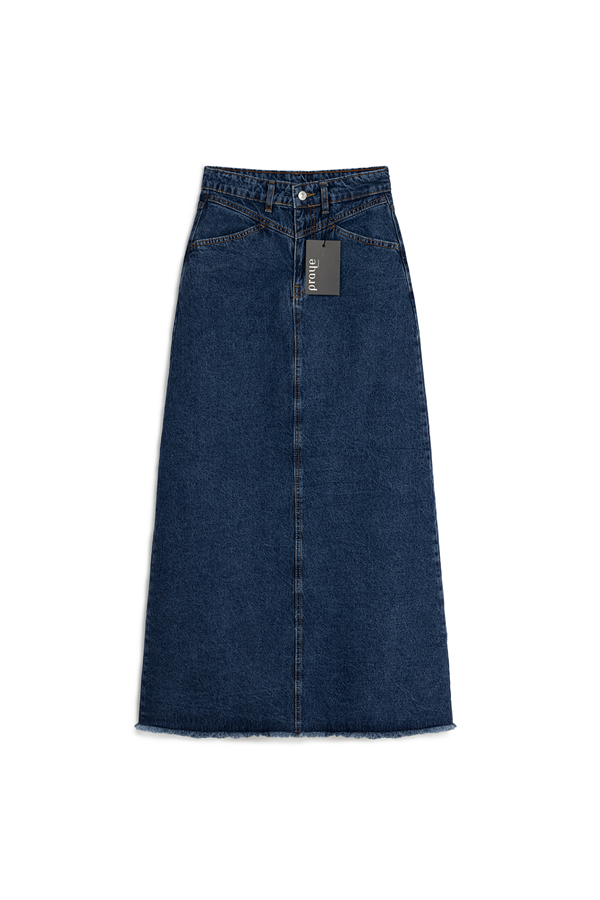 Uzun Püsküllü Denim Etek Koyu Mavi