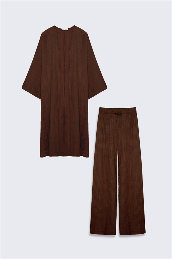 Yanı Yırtmaçlı Uzun Kimono Takım Kahverengi