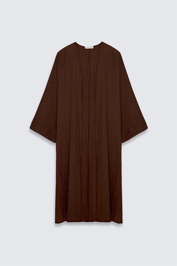 Yanı Yırtmaçlı Uzun Kimono Takım Kahverengi