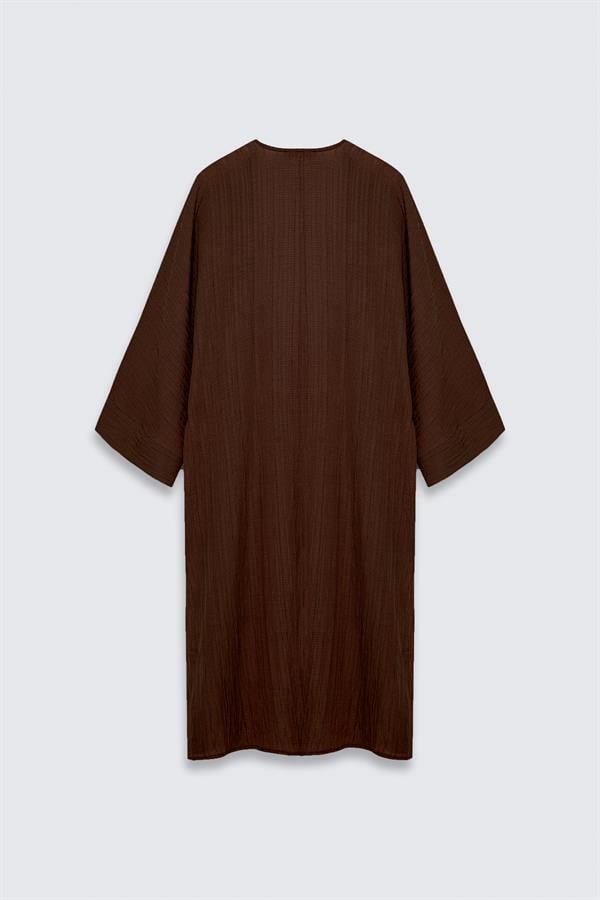 Yanı Yırtmaçlı Uzun Kimono Takım Kahverengi
