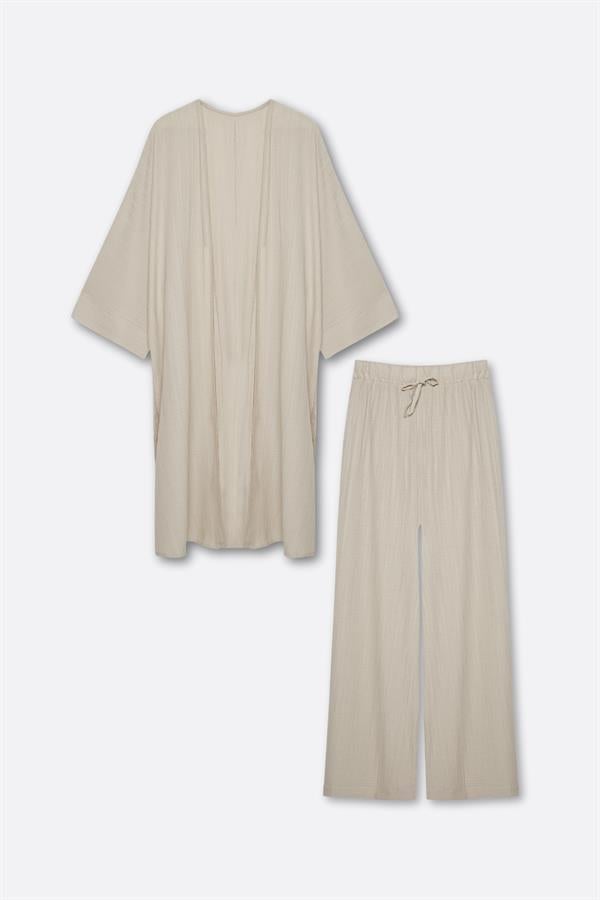 Yanı Yırtmaçlı Uzun Kimono Takım Taş