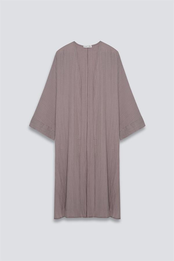 Yanı Yırtmaçlı Uzun Kimono Takım Vizon
