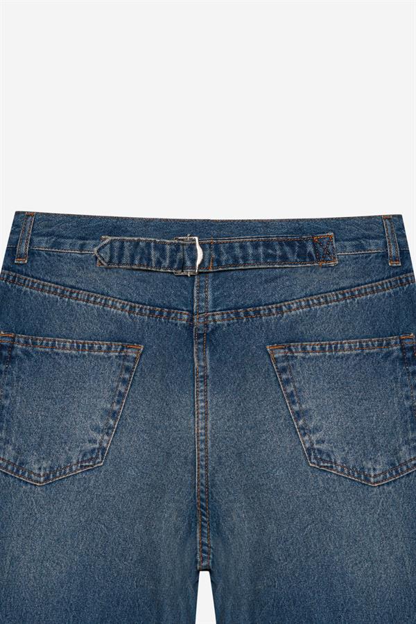 Yüksek Bel Baggy Jean Mavi Eskitme