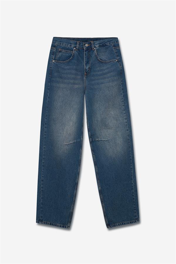 Yüksek Bel Baggy Jean Mavi Eskitme