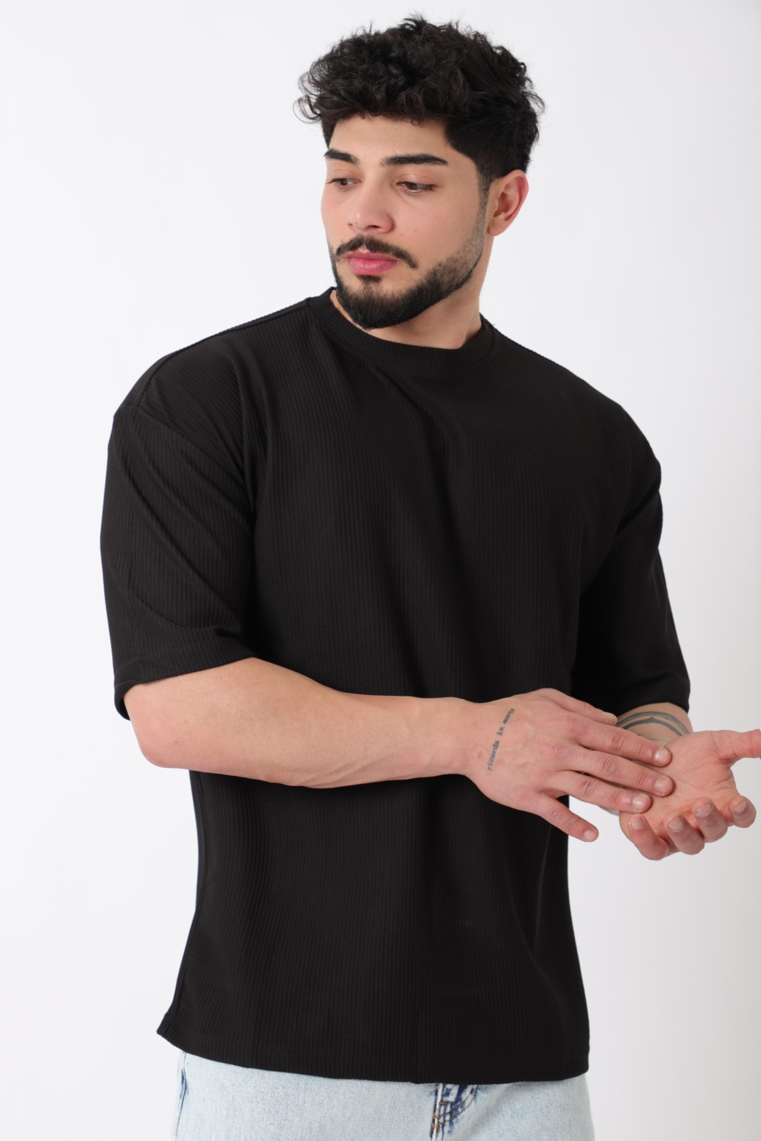 Çizgili Oversize Bisiklet Yaka Tişört STU-2452