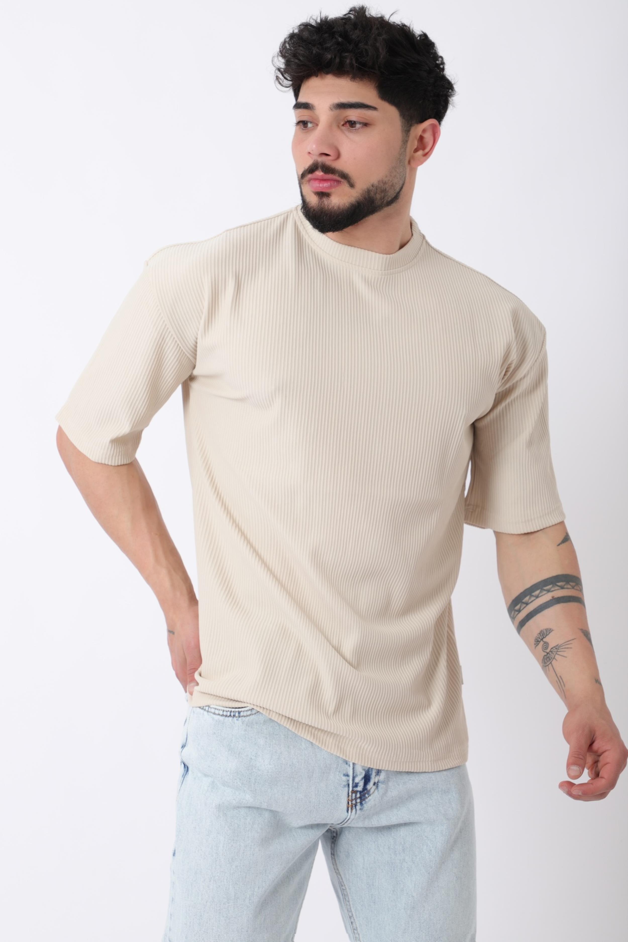 Çizgili Oversize Bisiklet Yaka Tişört STU-2452