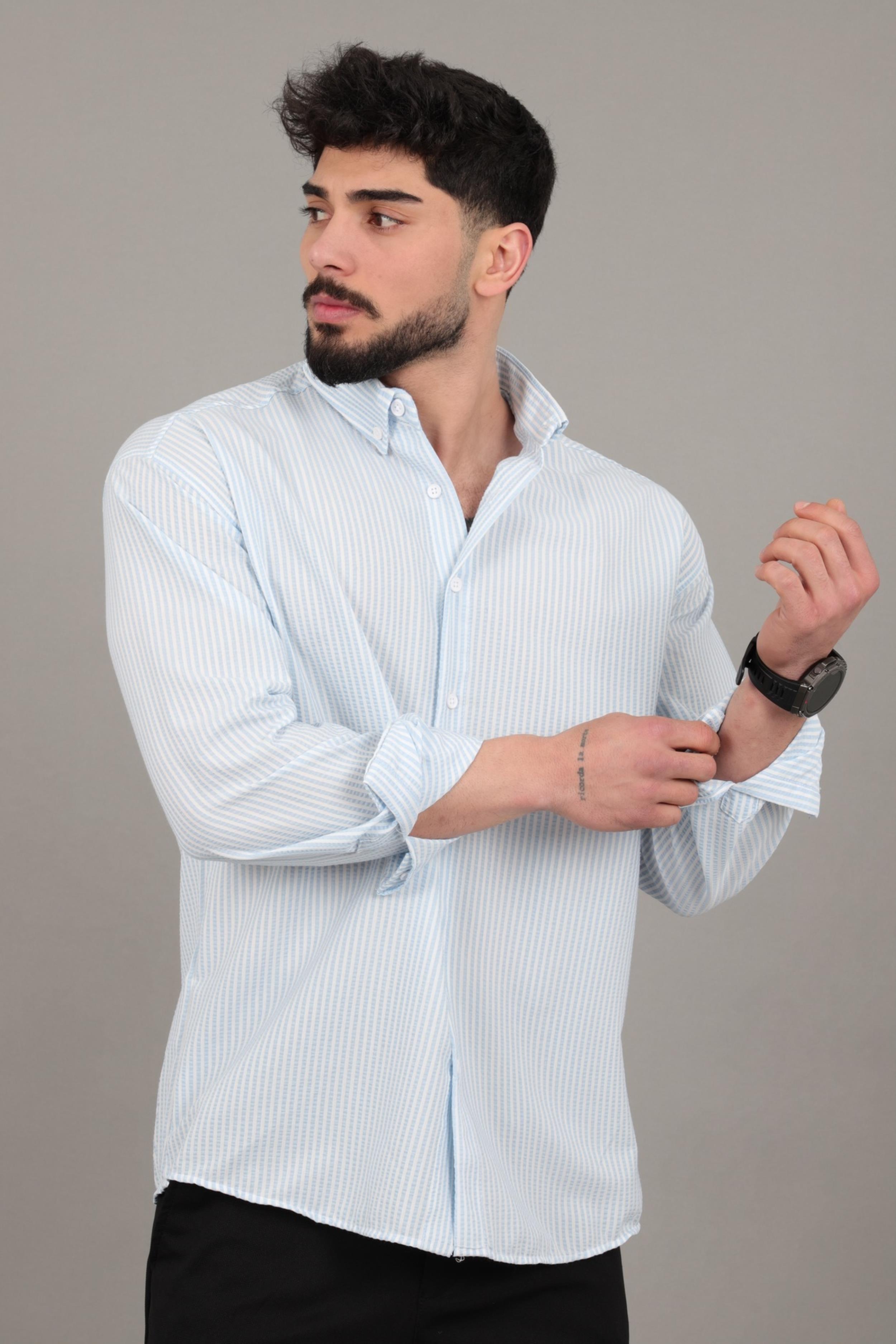 İnce Çizgili Oversize Yazlık Uzun Kol Gömlek MRS 218_40415